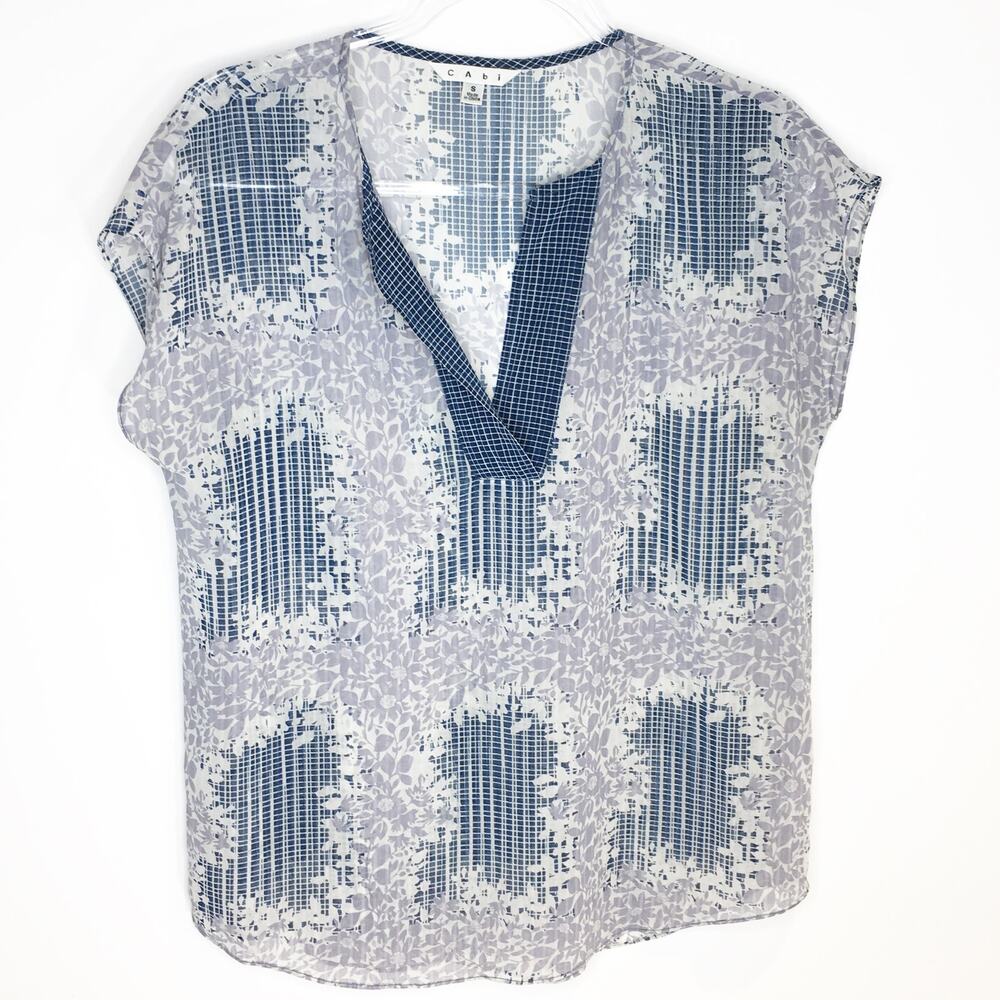 CAbi 278 Womens Size Small Printed Stitch Placket‎ Blouse Top Blue Purple Sheer